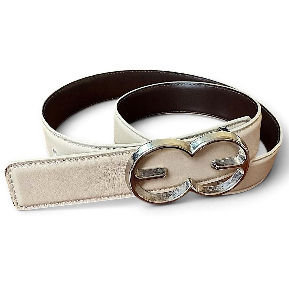 Vintage ESCADA White Leather Belt Silver Logo Buckle Designer Statement Belt